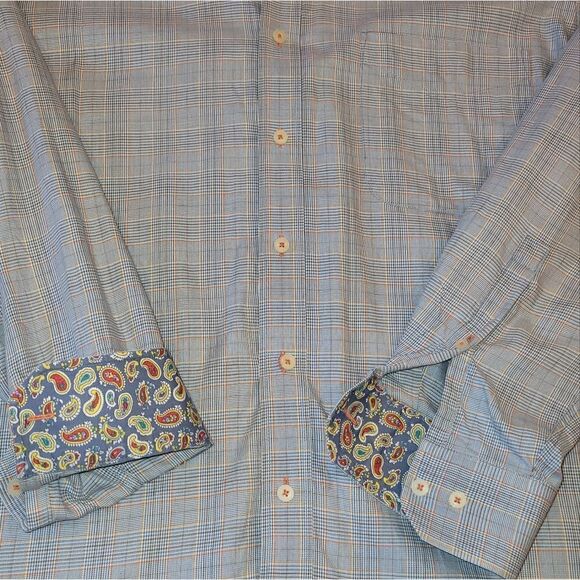 alan flusser BLUE plaid button down shirt paisley cuffs XL - Picture 4 of 10